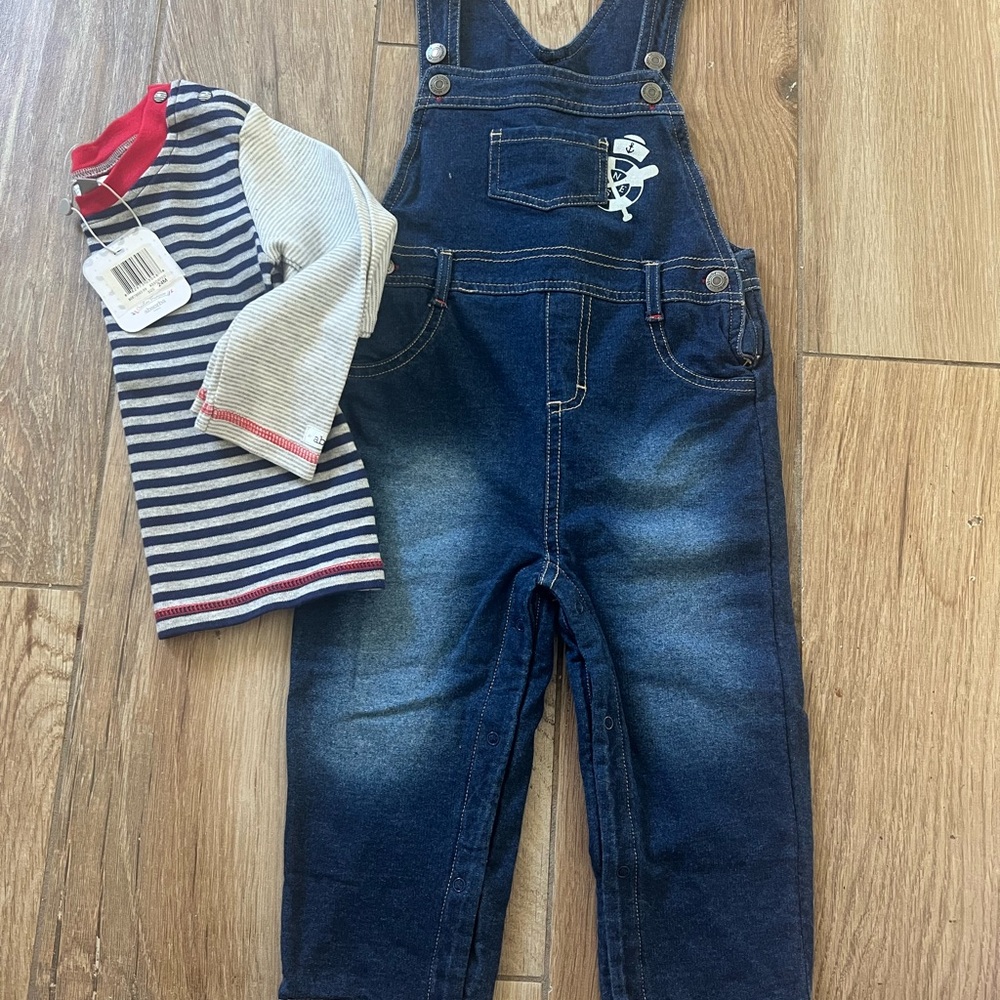 Absorba Paris Denim Overalls for Kids with striped t shirt size 24 months